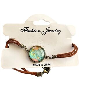 Brown Leather Bracelet with Globe Bubble Accent